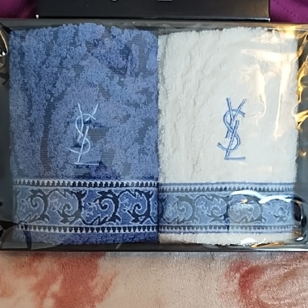 Yves Saint Laurent Blue and White Monogram Face Cloth Duo